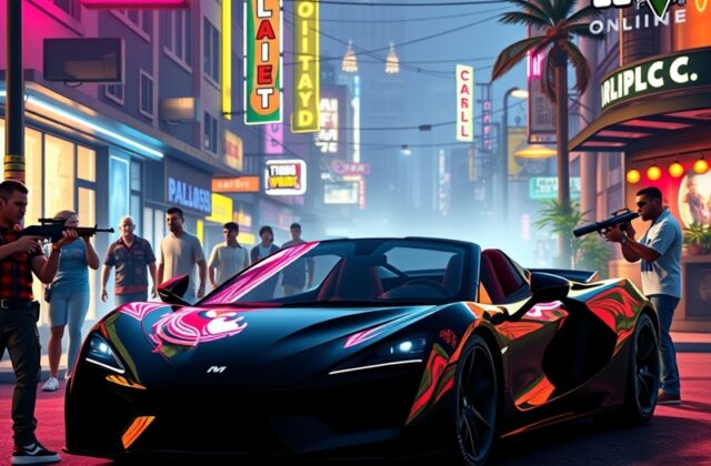 An illustration of a vibrant, bustling Vice City skyline at sunset, showcasing iconic buildings and palm trees, with gamers i