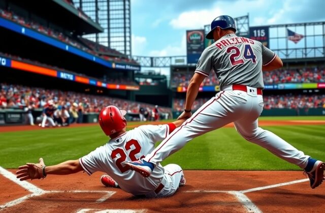 A vibrant scene from a Phillies vs. Mets game, showcasing passionate fans, team colors, and the excitement of a live baseball