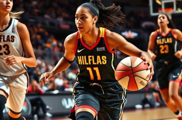 An action shot of Isabelle Harrison on the basketball court, showcasing her dynamic play style and determination during a gam