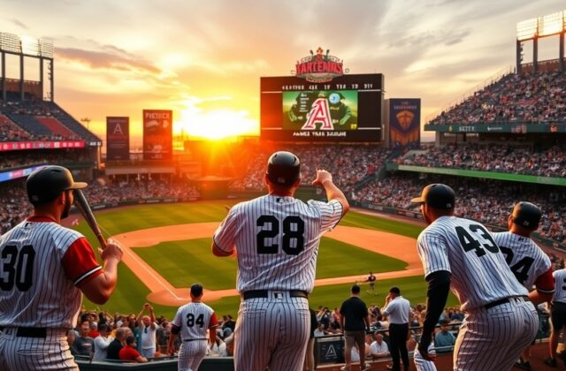 A dramatic baseball scene featuring players from the Yankees and Diamondbacks in action, showcasing intensity and competition