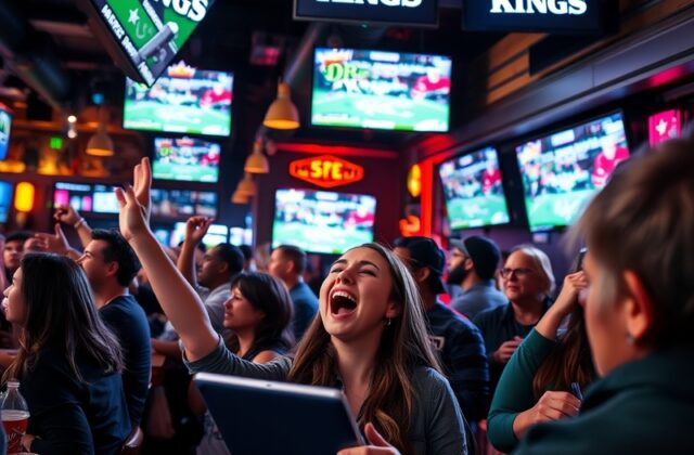 An engaging visual showing a DraftKings fantasy sports interface on a smartphone, with sports icons and player stats in the b