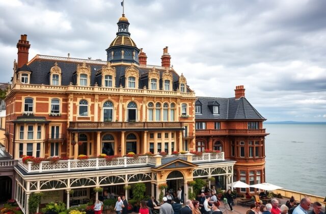 An exterior view of the Grand Burstin Hotel with the English Channel in the background, showcasing its distinctive architectu