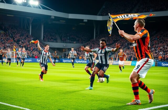 A vibrant matchday scene at St. James' Park, with fans in black and white jerseys cheering passionately, capturing the electr