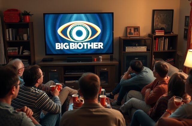 A vibrant image of a TV screen displaying the Big Brother logo, surrounded by fans eagerly watching the show, conveying excit