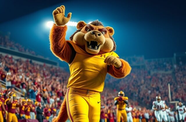 An action shot of Gopher football players in their maroon and gold uniforms during a game, showcasing intense competition and