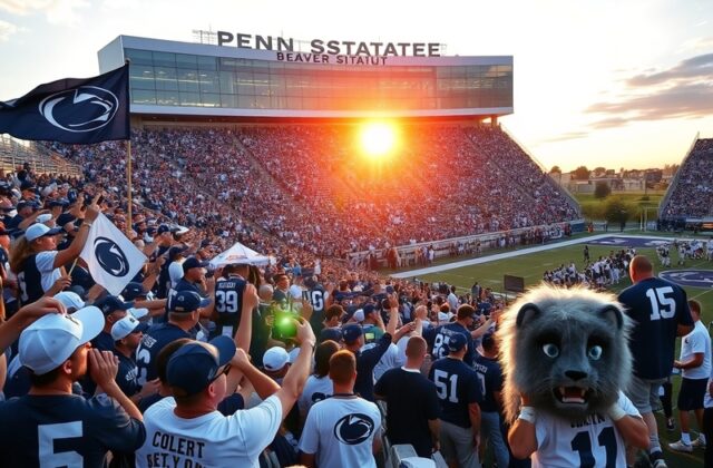 An action-packed image of PSU football players in a game, showcasing the vibrant atmosphere of Beaver Stadium filled with ent