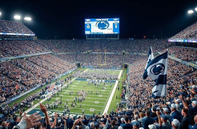 An action shot of the Penn State Nittany Lions during a game, showcasing players in their blue and white uniforms, with a pac