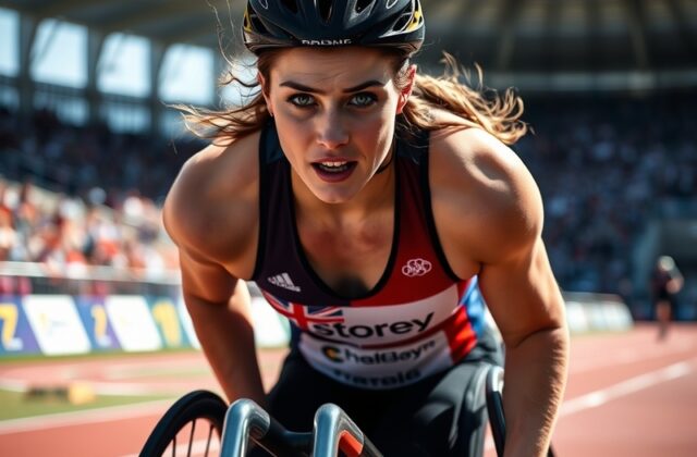 A dynamic photo of Sarah Storey in action during a cycling event, showcasing her determination and athleticism, with a blurre