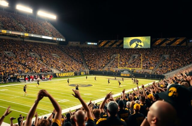 A vibrant game day scene at Kinnick Stadium with fans in black and gold, showcasing the excitement and tradition of Iowa Hawk