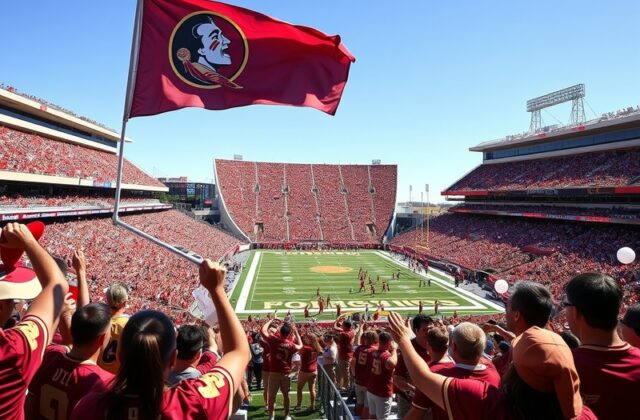 An action shot of Florida State football players in their iconic garnet and gold uniforms during a game, with fans cheering i