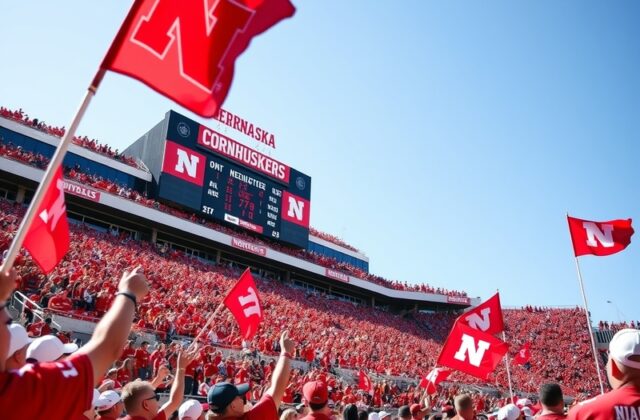 A vibrant image of Memorial Stadium filled with fans, showcasing the excitement of a Husker football game day.