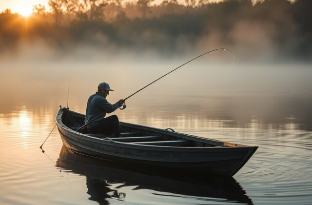 A serene lakeside scene at dawn, with a fisherman casting his line into the calm water, surrounded by lush greenery and misty