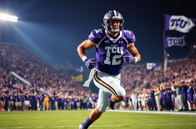 A vibrant image of TCU football players celebrating on the field, showcasing team spirit and athleticism during a game.