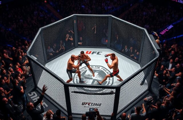 An action-packed moment from UFC 334 showing fighters in the octagon, with the crowd cheering in the background, capturing th