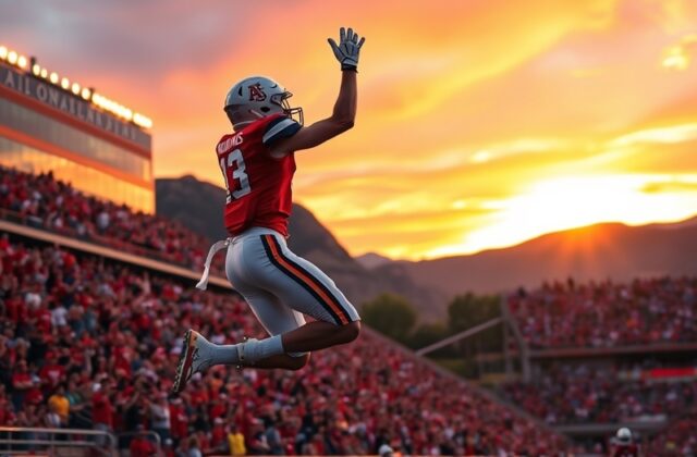 A vibrant image of Arizona football players in action during a game, showcasing their team colors and the passionate crowd in