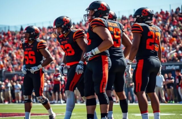 An action shot of Oregon State football players during a game, showcasing the team's colors and the passionate crowd in the b
