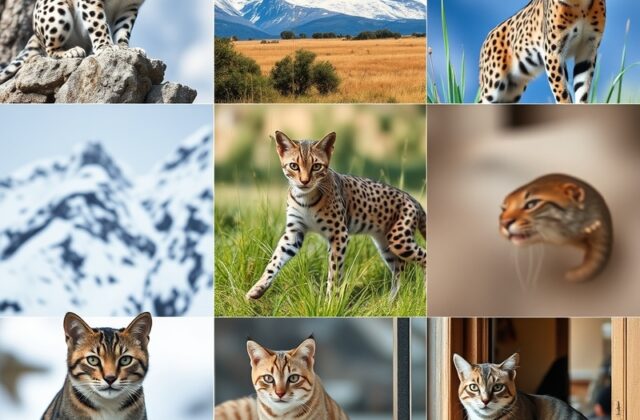 A collage of various cat species, including a domestic cat, lion, tiger, and cheetah, set against diverse natural backgrounds