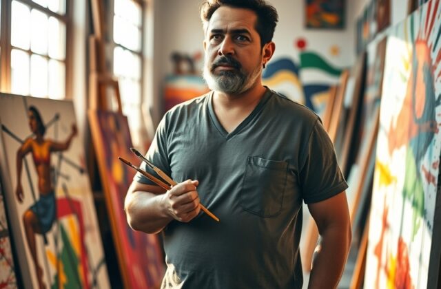 A vibrant stage scene featuring Carlos Álvarez performing stand-up, with bright lights and an engaged audience.