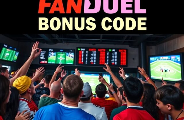 An engaging image showcasing a smartphone displaying the FanDuel app, with sports betting odds and a lively sports event in t