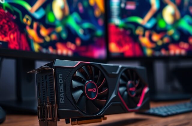 A high-resolution image of an AMD Radeon graphics card, showcasing its sleek design and cooling features, set against a backd