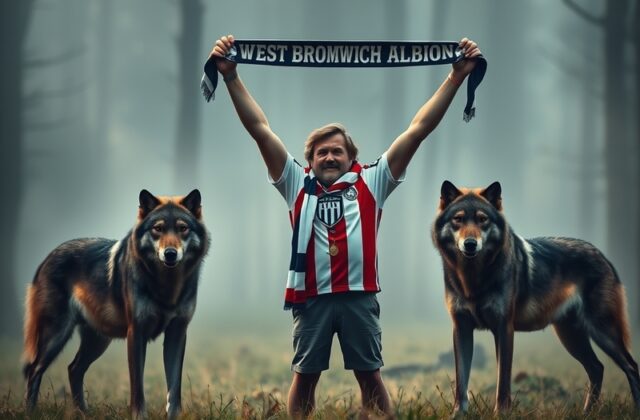 A vibrant scene from a Wolves vs West Brom match, showcasing passionate fans in team colors, the intensity of players on the