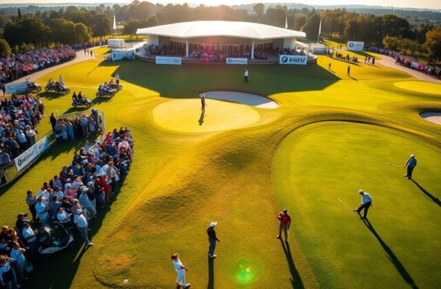 An aerial view of a prestigious golf course with players in action during the BMW Championship, showcasing lush greens and en