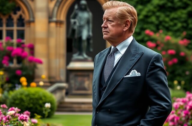 A portrait of Charles Spencer, 9th Earl Spencer, standing in front of Althorp House, with a serene garden backdrop, exuding a