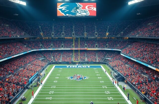 An action-packed image of an NFL game in progress, showcasing players in dynamic poses on the field with fans cheering in the