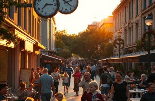 A scenic shot of a sunset with vibrant colors, illustrating the concept of extended daylight, possibly featuring people enjoy
