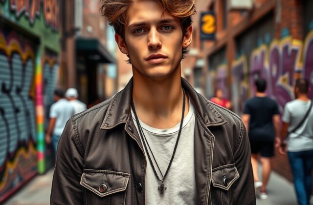 A portrait of Presley Gerber, showcasing his stylish attire and confident expression, set against a vibrant urban backdrop.