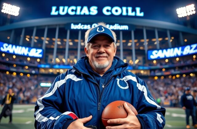 A candid shot of Jim Irsay speaking at a press conference, with a Colts logo in the background, conveying a sense of leadersh