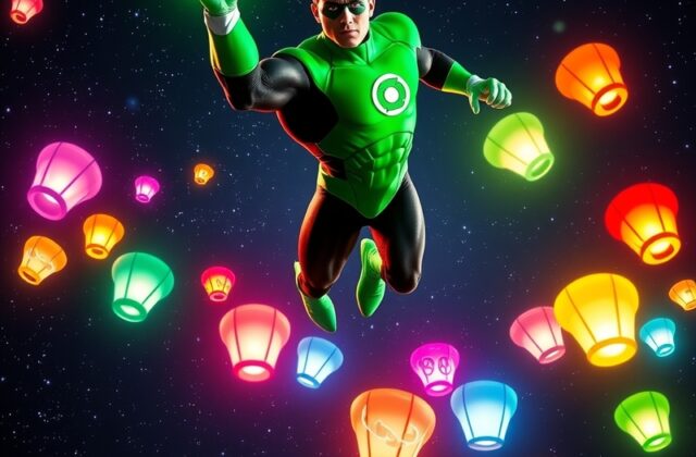 An illustration of Hal Jordan as Green Lantern, showcasing his iconic green suit and ring, set against a cosmic backdrop fill
