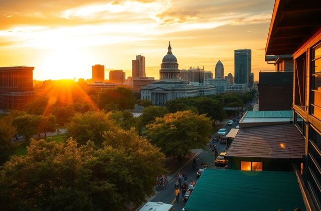 A vibrant street scene in Austin featuring live music, food trucks, and colorful street art, encapsulating the city's lively