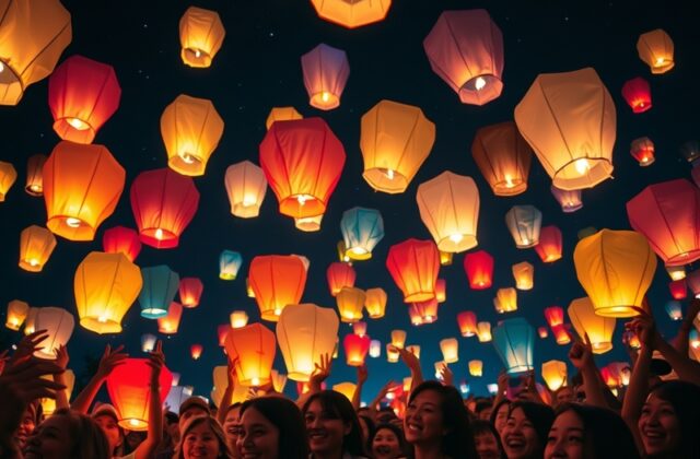 A vibrant night scene filled with colorful lanterns floating above a joyful crowd, capturing the essence of celebration and c