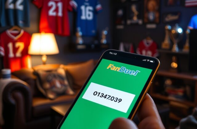 An engaging graphic showing a user placing a bet on the FanDuel app, with sports imagery in the background to emphasize the e