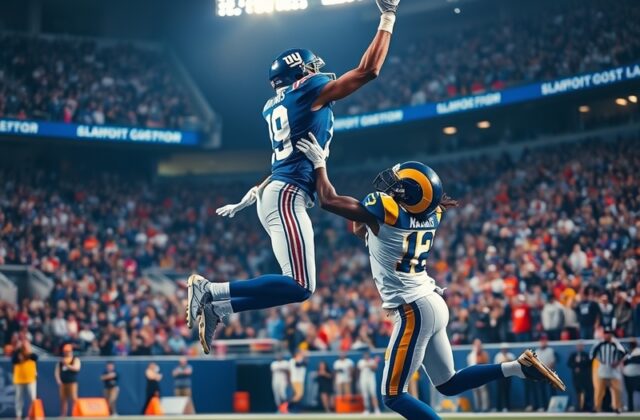 A dynamic image capturing players from the Giants and Rams in action during a football game, showcasing intense competition a