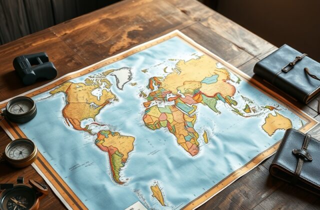 A detailed illustration of a world map showcasing continents, countries, and oceans, with vibrant colors and clear labels.