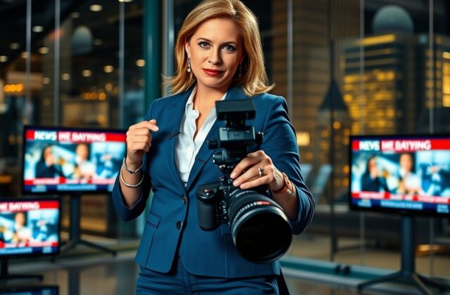 A professional headshot of Jennifer Eckhart, showcasing her in a newsroom setting, with a backdrop of news screens highlighti
