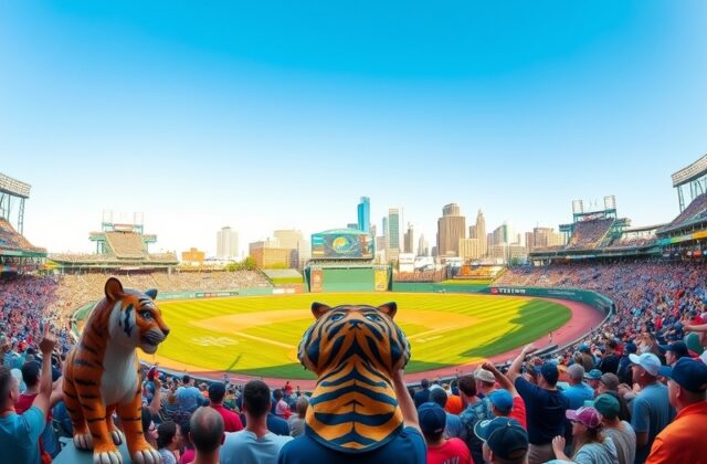 A panoramic view of Comerica Park during a game, showcasing the vibrant crowd, the iconic tiger statue, and the Detroit skyli
