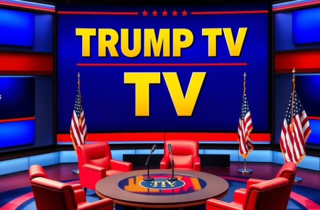 An illustration of Donald Trump speaking at a rally, with a backdrop of media screens displaying news headlines.