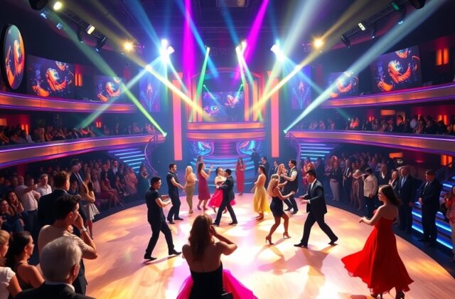 A vibrant scene from Dancing with the Stars featuring contestants in colorful costumes, performing on stage with dramatic lig