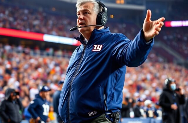 An image of the New York Giants coach on the sidelines during a game, with players in action, showing intensity and focus.