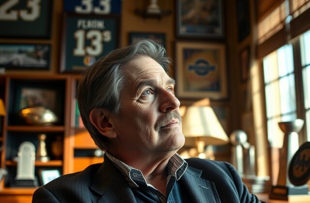 A portrait of Ernie Accorsi on the football field, showcasing him in a thoughtful pose, surrounded by iconic NFL elements lik