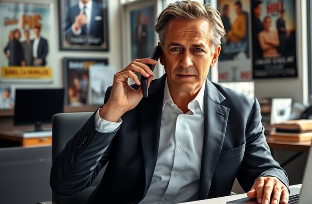 Ari Emanuel speaking at a conference, with a backdrop of Hollywood imagery, conveying a sense of authority and creativity.