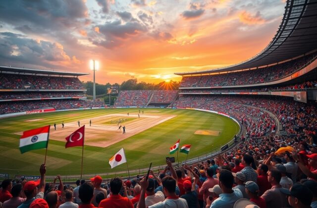 An action-packed moment from a cricket match between India and Japan, showcasing athletes in vibrant team uniforms, with enth