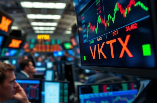 A visual representation of VKTX stock trends overlaid with images of laboratory research, symbolizing innovation in biopharma