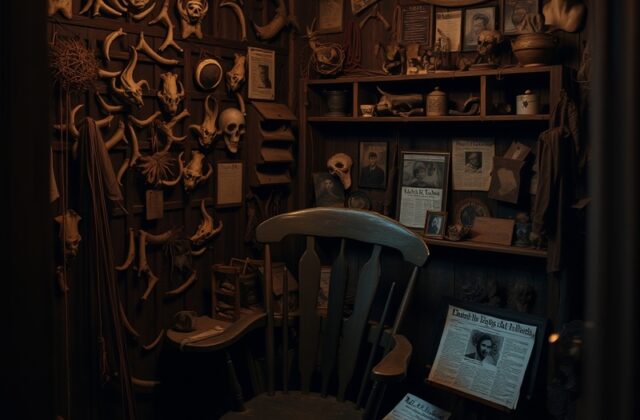 A shadowy, eerie farmhouse surrounded by a chilling atmosphere, symbolizing the dark legacy of Ed Gein and his crimes.