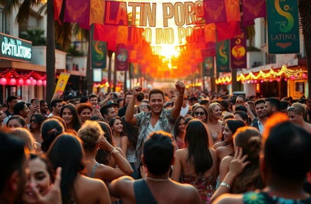 A vibrant concert scene featuring diverse artists performing Pop Latino music, with colorful lights and an enthusiastic crowd