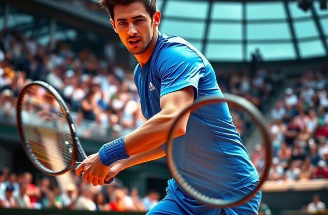 A dynamic action shot of Bernard Tomic on the tennis court, showcasing his intense focus during a match.