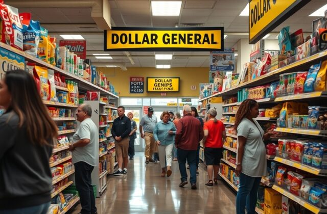 A Dollar General storefront, showcasing the bright yellow signage, with shoppers entering and exiting, capturing the essence